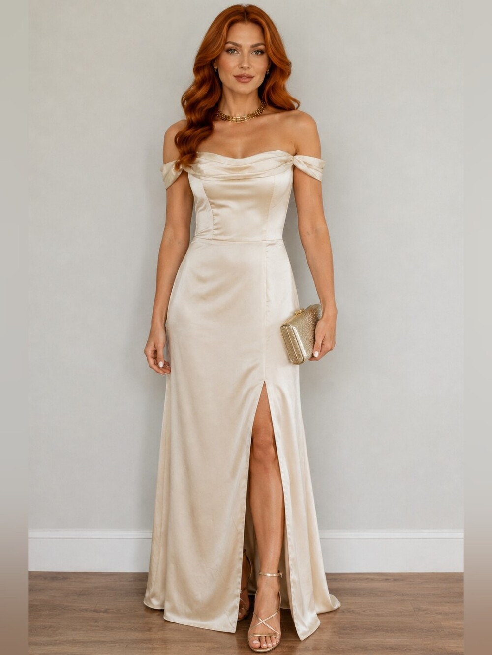 NWT STACEES Off-Shoulder Satin Evening Bridesmaid Formal Gown in Champagne Sz 10